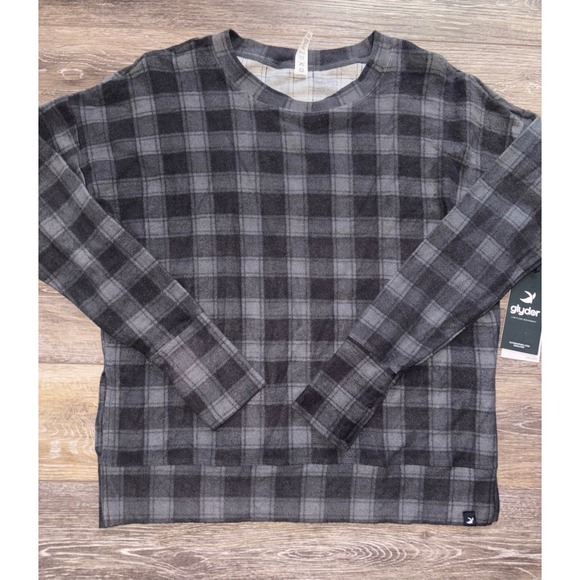 Glyder Plaid Long Sleeve Top Gray Black Soft Lightweight Athleisure - Picture 1 of 3